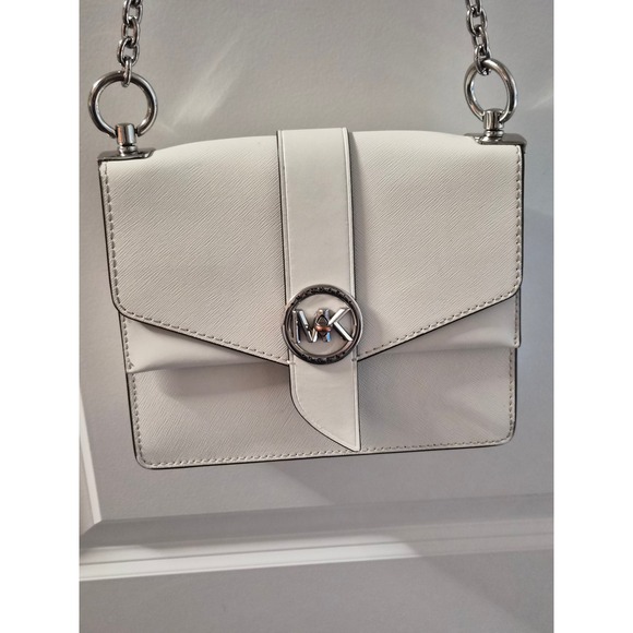Michael Kors Handbags - Michael Kors White Saffiano Leather Crossbody Bag Silver MK Logo Chain Strap